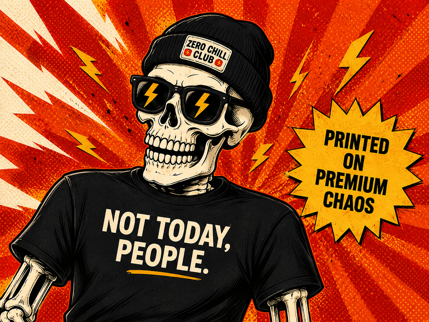 Retro comic illustration of a skull in sunglasses and a black beanie wearing a Not Today People shirt.
